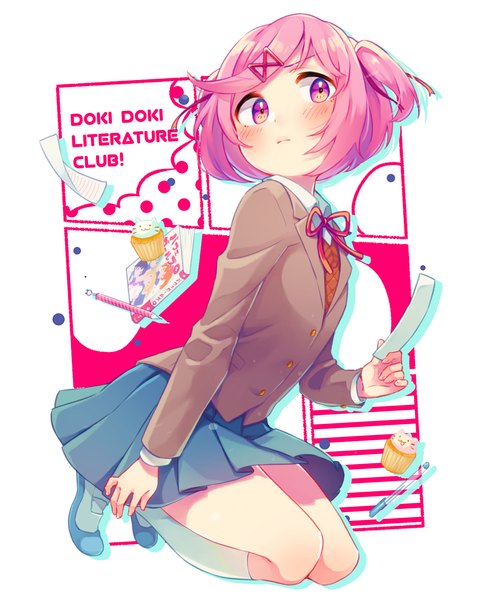 Anime picture 1200x1500 with doki doki literature club natsuki (doki doki literature club) shifumame single tall image looking at viewer blush short hair sitting holding pink hair full body bent knee (knees) long sleeves pleated skirt two side up copyright name turning head flat chest girl
