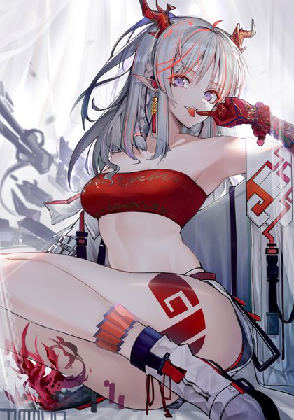 Anime picture 1178x1684 with arknights nian (arknights) timmoo single long hair tall image looking at viewer light erotic sitting purple eyes silver hair multicolored hair horn (horns) pointy ears tattoo streaked hair girl earrings tongue crop top