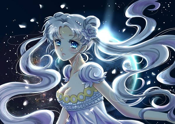 Anime picture 1300x919 with bishoujo senshi sailor moon toei animation tsukino usagi princess serenity lalazyt single long hair looking at viewer blush breasts blue eyes twintails cleavage silver hair hair flower glow girl hair ornament flower (flowers) petals