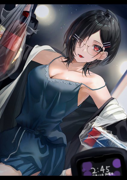 Anime-Bild 2508x3541 mit original fou (ssqseeker) single tall image looking at viewer fringe highres short hair breasts open mouth black hair red eyes large breasts holding cleavage :d hair over one eye off shoulder mole open jacket