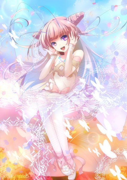 Anime picture 1000x1414 with original plastick single long hair tall image open mouth purple eyes pink hair girl dress ribbon (ribbons) detached sleeves insect butterfly