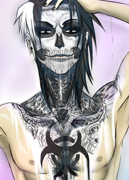 Anime picture 1024x1426 with original nikewings single tall image looking at viewer short hair black hair simple background white hair multicolored hair two-tone hair tattoo hand on head muscle white eyes boy earrings skull