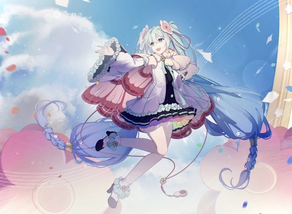 Anime picture 5000x3670 with vocaloid magical mirai (vocaloid) hatsune miku magical mirai miku magical mirai miku (2021) kanvien single fringe highres open mouth hair between eyes twintails looking away absurdres sky cloud (clouds) full body bent knee (knees) very long hair :d