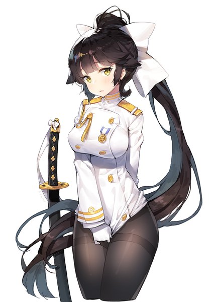 Anime picture 1200x1706 with azur lane takao (azur lane) ayami (annahibi) single tall image looking at viewer fringe breasts light erotic black hair simple background large breasts white background yellow eyes ponytail blunt bangs very long hair covering cute girl