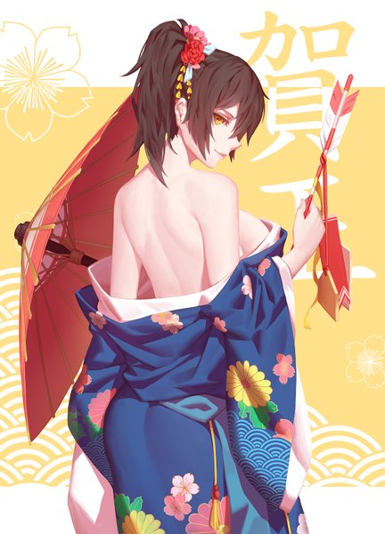 Anime picture 1200x1665 with kantai collection kaga aircraft carrier nian (zhanian) single long hair tall image looking at viewer breasts light erotic brown hair large breasts bare shoulders holding brown eyes traditional clothes japanese clothes hair flower from behind wide sleeves back