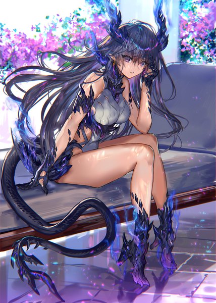 Anime picture 1141x1600 with original ranou single long hair tall image looking at viewer fringe breasts light erotic black hair hair between eyes large breasts sitting purple eyes bare shoulders full body bent knee (knees) tail parted lips horn (horns)