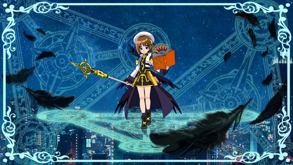 Anime picture 1280x720 with mahou shoujo lyrical nanoha yagami hayate book of the azure sky schwertkreuz nanohamagica single looking at viewer fringe short hair blue eyes smile brown hair wide image standing holding full body night night sky city cityscape