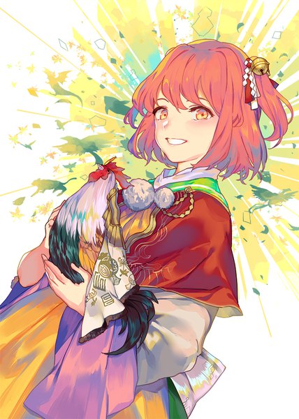 Anime picture 714x1000 with touhou motoori kosuzu hillly (maiwetea) single tall image looking at viewer short hair yellow eyes red hair traditional clothes japanese clothes two side up new year hair bell girl animal bird (birds) bell jingle bell pom pom (clothes)