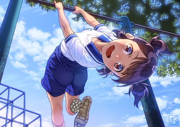 Anime picture 1200x850 with original pairan single looking at viewer blush short hair open mouth smile brown hair twintails holding brown eyes sky cloud (clouds) bent knee (knees) outdoors :d watermark short twintails pullups