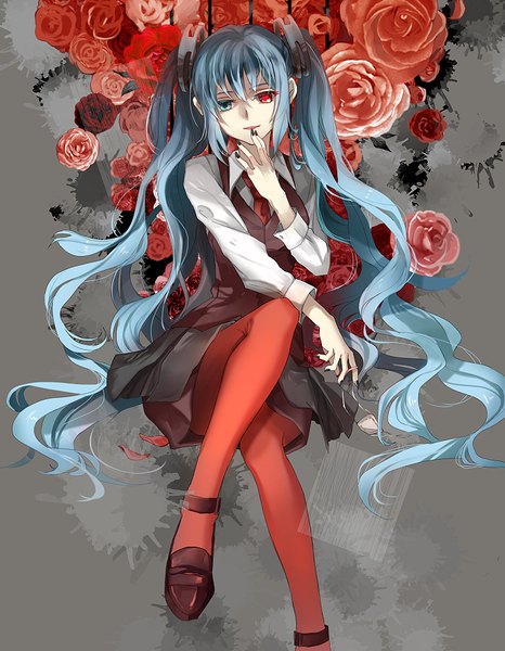 Anime picture 687x885 with tokyo ghoul vocaloid studio pierrot hatsune miku sakuramochi1003 single tall image looking at viewer fringe simple background smile twintails blue hair bent knee (knees) very long hair nail polish parted lips grey background heterochromia wavy hair