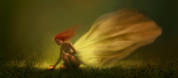 Anime picture 1600x704 with satiiiva single long hair wide image bare shoulders signed red hair eyes closed barefoot wind realistic bare legs glowing girl dress plant (plants) grass