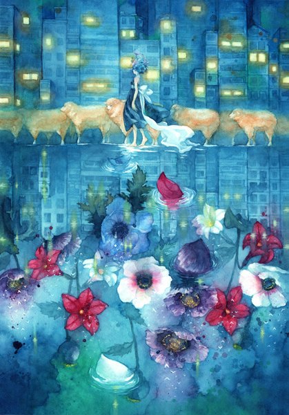 Anime picture 1047x1500 with original shuka (artist) tall image bare shoulders barefoot reflection traditional media watercolor (medium) girl flower (flowers) bow animal water building (buildings) sundress wreath