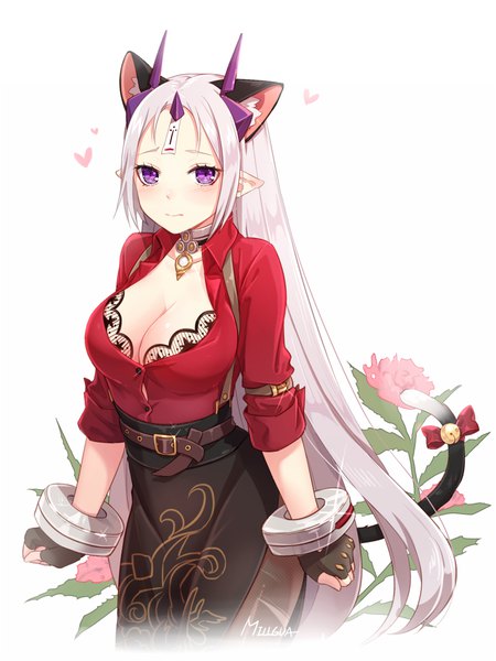 Anime picture 750x1000 with closers levia (closers) millgua single long hair tall image looking at viewer blush breasts light erotic large breasts white background purple eyes signed animal ears payot cleavage silver hair tail animal tail