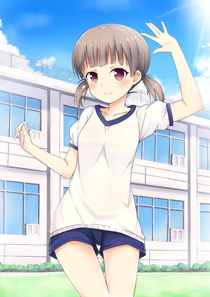Anime-Bild 744x1053 mit original ray-en single tall image blush short hair smile purple eyes sky cloud (clouds) grey hair girl uniform gym uniform