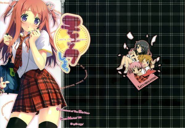 Anime picture 5801x4032 with kantoku long hair blush highres open mouth purple eyes absurdres red hair plaid skirt plaid girl thighhighs skirt uniform ribbon (ribbons) black thighhighs hair ribbon school uniform necktie school bag