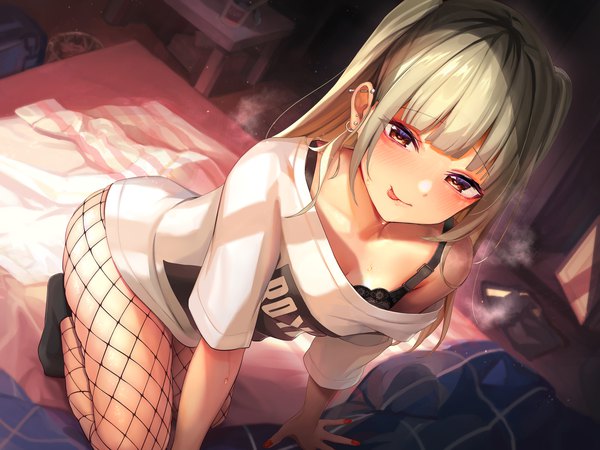 Anime picture 2240x1680 with original maeshimashi single long hair blush fringe highres breasts light erotic blonde hair smile brown eyes payot looking away indoors blunt bangs nail polish fingernails off shoulder arm support