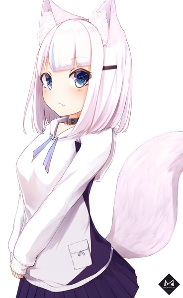 Anime picture 2223x3624 with original mayogii single tall image looking at viewer blush fringe highres short hair blue eyes simple background standing white background animal ears white hair tail blunt bangs long sleeves animal tail pleated skirt