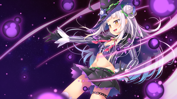 Anime picture 2000x1125 with virtual youtuber hololive murasaki shion murasaki shion (1st costume) chiyonekoko single long hair highres open mouth wide image looking away silver hair :d pleated skirt midriff hair bun (hair buns) orange eyes outstretched arm groin magic