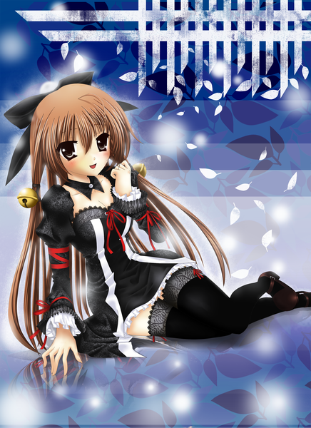 Anime picture 1530x2104 with original kopianget single long hair tall image blush open mouth smile brown hair yellow eyes reflection girl thighhighs dress bow black thighhighs hair bow leaf (leaves) bell
