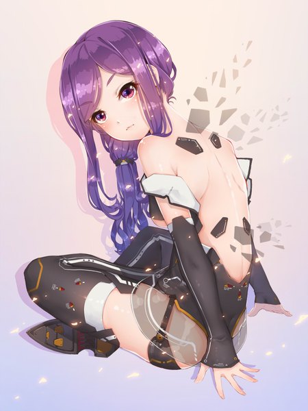 Anime picture 1350x1802 with original fangxiang cuoluan single long hair tall image looking at viewer light erotic sitting purple eyes bare shoulders purple hair looking back light smile arm support crossed legs turning head bare back mecha musume girl thighhighs