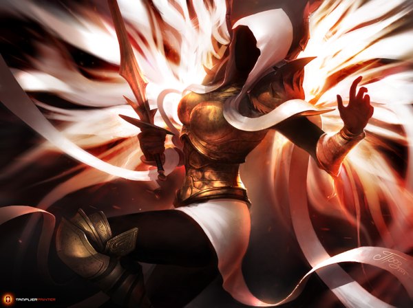 Anime picture 2600x1945 with diablo (game) blizzard entertainment auriel tamplierpainter single highres signed no face girl gloves ribbon (ribbons) weapon sword wings bracelet armor cap