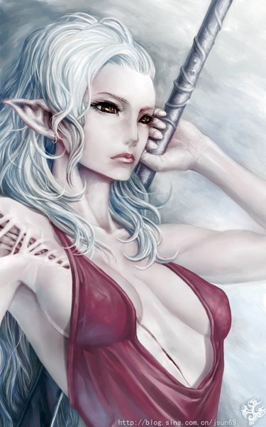 Anime picture 1620x2592 with original youtsuu single long hair tall image brown eyes cleavage silver hair lips pointy ears scar girl dress weapon earrings