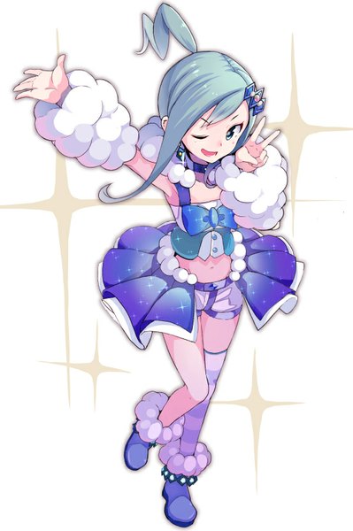 Anime picture 553x830 with pokemon nintendo lisia (pokemon) mirai denki single long hair tall image open mouth blue eyes white background blue hair ponytail one eye closed from above wink outstretched arm victory girl thighhighs hair ornament