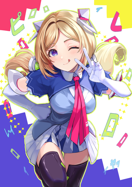 Anime picture 1513x2150 with virtual youtuber hololive aki rosenthal pi tayuko single long hair tall image looking at viewer blonde hair twintails one eye closed wink hand on hip low twintails victory :q girl gloves elbow gloves white gloves