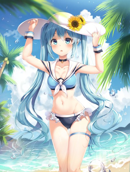 Anime picture 3180x4180 with vocaloid hatsune miku dangmyo single long hair tall image looking at viewer blush fringe highres breasts open mouth hair between eyes standing twintails absurdres sky cleavage cloud (clouds) outdoors