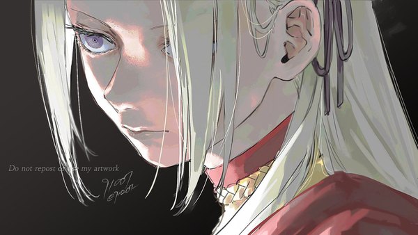 Anime picture 1600x900 with fire emblem fire emblem: three houses nintendo edelgard von hresvelg 91007 single long hair simple background wide image purple eyes signed looking away white hair twitter username text english girl ribbon (ribbons) hair ribbon