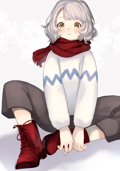 Anime picture 2221x3160 with original ikoan single tall image looking at viewer blush fringe highres short hair simple background white background sitting yellow eyes silver hair full body bent knee (knees) lacing girl boots scarf