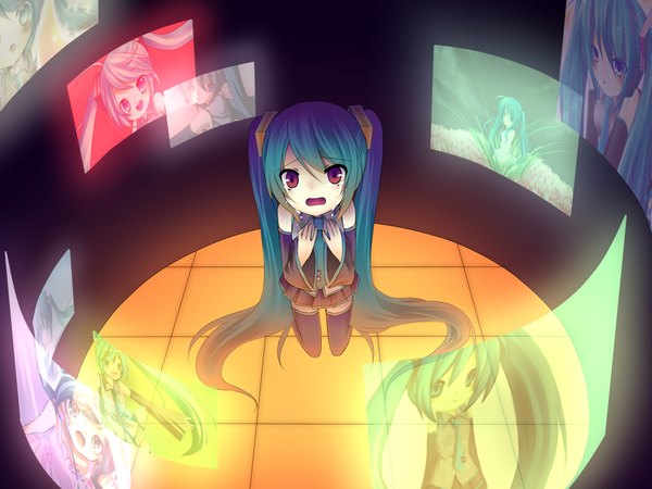 Anime picture 2000x1500 with vocaloid hatsune miku single looking at viewer fringe highres open mouth hair between eyes purple eyes twintails bare shoulders very long hair from above aqua hair zettai ryouiki tears kneeling girl thighhighs skirt