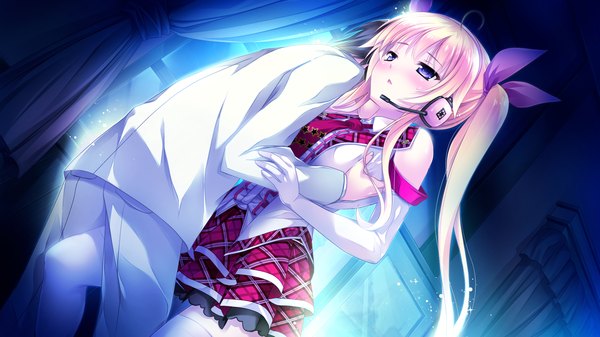 Anime picture 1920x1080 with ojousama wa gokigen naname hibiki otoha long hair blush highres light erotic blonde hair wide image twintails purple eyes game cg couple girl thighhighs dress boy gloves white thighhighs elbow gloves headphones