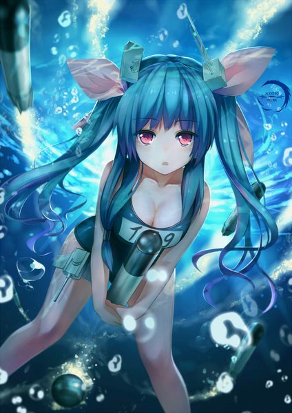 Anime picture 724x1024 with kantai collection i-19 submarine xiaoyin li single long hair tall image looking at viewer blush fringe breasts open mouth light erotic large breasts twintails blue hair pink eyes floating hair underwater clothes writing girl
