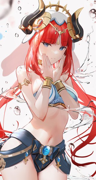Anime picture 3180x5980 with genshin impact nilou (genshin impact) omone hokoma agm single long hair tall image looking at viewer blush fringe highres breasts blue eyes light erotic simple background large breasts standing white background twintails absurdres red hair
