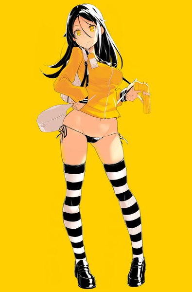 Anime picture 791x1200 with original kekemotsu single long hair tall image looking at viewer breasts light erotic black hair standing holding yellow eyes full body light smile hand on hip mouth hold ass visible through thighs yellow background hat removed headwear removed