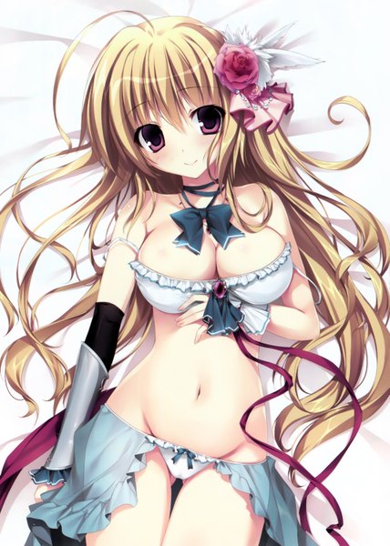 Anime picture 2139x3000 with original karory single long hair tall image looking at viewer blush highres breasts light erotic blonde hair smile large breasts purple eyes bare shoulders ahoge head tilt hair flower from above open clothes