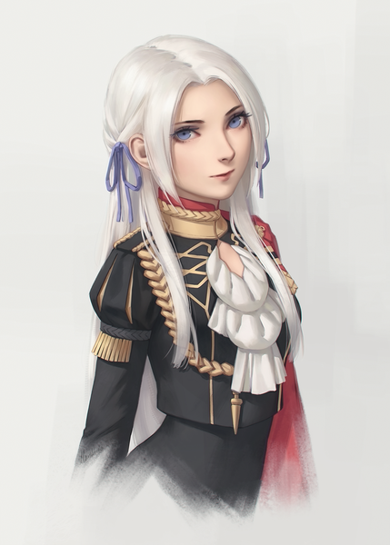 Anime picture 1286x1800 with fire emblem fire emblem: three houses nintendo edelgard von hresvelg miura-n315 single long hair tall image looking at viewer fringe blue eyes simple background upper body white hair lips realistic grey background puffy sleeves girl uniform