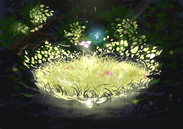 Anime picture 3507x2480 with original tameiki single long hair highres absurdres barefoot bare legs elf insect wings minigirl girl skirt flower (flowers) plant (plants) wings tree (trees) grass