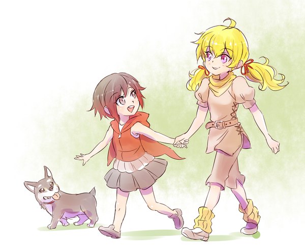 Anime picture 1800x1462 with rwby rooster teeth ruby rose yang xiao long zwei (rwby) iesupa long hair highres short hair blonde hair smile purple eyes twintails multiple girls green eyes ahoge red hair low twintails holding hands gradient hair