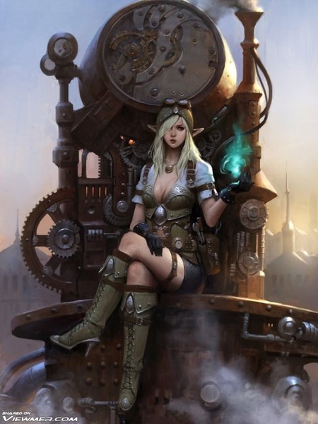 Anime picture 811x1080 with choi keun hoon (ddddak) tall image breasts blonde hair sitting looking away cleavage full body lips pointy ears short sleeves high heels crossed legs city magic smoke elf lacing steam goggles on head