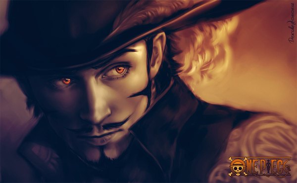 Anime picture 1800x1114 with one piece toei animation dracule mihawk single highres short hair black hair wide image signed looking away realistic orange eyes copyright name character names portrait boy hat feather (feathers) beard mustache