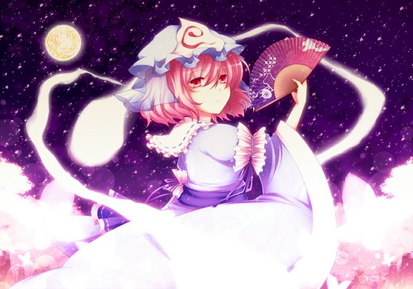 Anime picture 1000x700 with touhou saigyouji yuyuko sanotsuki single short hair red eyes pink hair night ghost girl dress petals insect butterfly moon bonnet fan