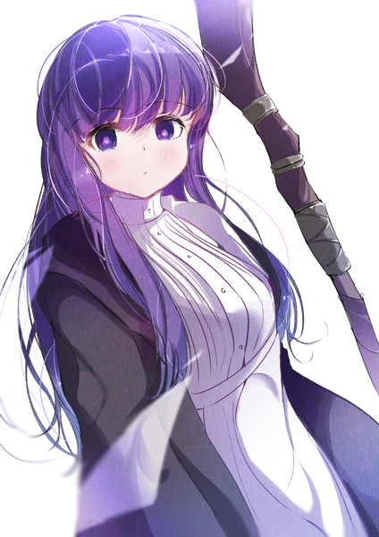 Anime picture 2184x3089 with sousou no frieren fern (sousou no frieren) kagemusha single long hair tall image looking at viewer fringe highres simple background white background purple eyes purple hair blunt bangs girl dress white dress staff