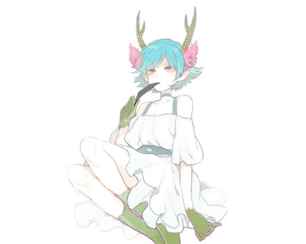 Anime picture 1024x819 with c: the money of soul and possibility control q (control) single short hair simple background red eyes white background bare shoulders blue hair horn (horns) pointy ears eating girl dress detached sleeves sundress