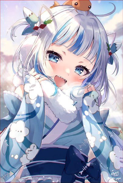 Anime picture 1722x2560 with virtual youtuber hololive hololive english gawr gura gawr gura (4th costume) piyoyanagi single tall image blush highres short hair open mouth blue eyes silver hair ahoge traditional clothes :d japanese clothes multicolored hair streaked hair