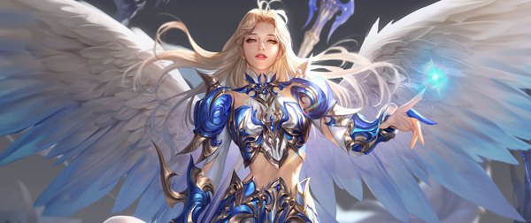 Anime picture 3840x1612 with mu origin taekwon kim single long hair looking at viewer highres breasts blonde hair wide image yellow eyes parted lips lips realistic grey background white wings cropped girl wings armor spaulder (spaulders)