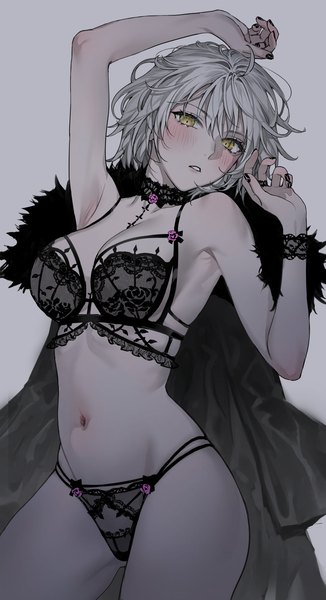 Anime picture 1114x2048 with fate (series) fate/grand order jeanne d'arc (fate) (all) jeanne d'arc alter (fate) nipi27 single tall image looking at viewer blush short hair light erotic simple background yellow eyes nail polish parted lips head tilt fingernails grey hair grey background arms up