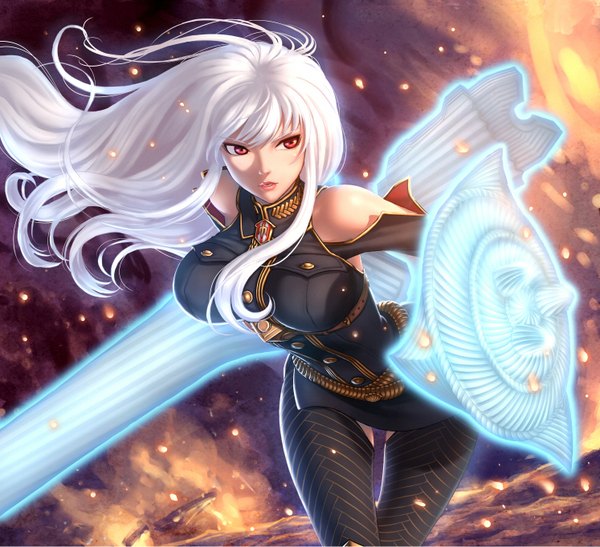 Anime picture 1494x1364 with valkyria chronicles selvaria bles seeker (shzyu) single long hair looking at viewer fringe breasts red eyes large breasts standing bare shoulders holding looking away white hair leaning leaning forward glowing weapon girl thighhighs