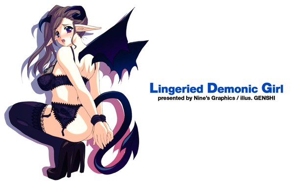 Anime picture 1920x1200 with lingeried demonic girl genshi single long hair blush highres open mouth light erotic brown hair wide image white background tail horn (horns) pointy ears shadow heterochromia demon girl demon tail succubus girl